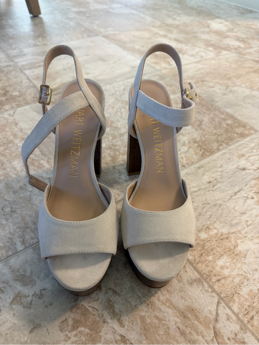 Stuart Weitzman Ryder Beige Suede Platform Sandals